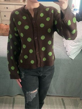 Reclaimed Vintage Brown & Green Polka Dot Button Cardigan Sweater